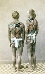 Zwei Männer mit traditionellen japanischen Irezumi-Tattoos, ca. 1880
